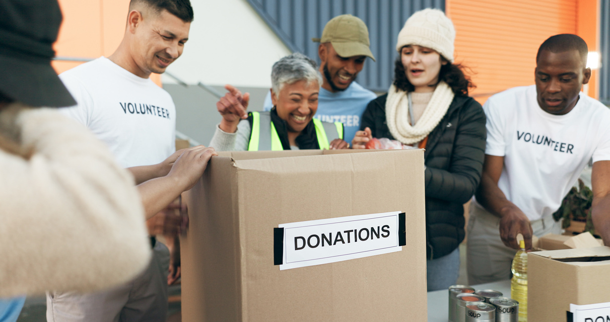 Team, Volunteer and People for Charity, Donations and Community Service or Social Responsibility. Happy Group of Workers, Non Profit and Collaboration in Outreach Program, Distribution and Support